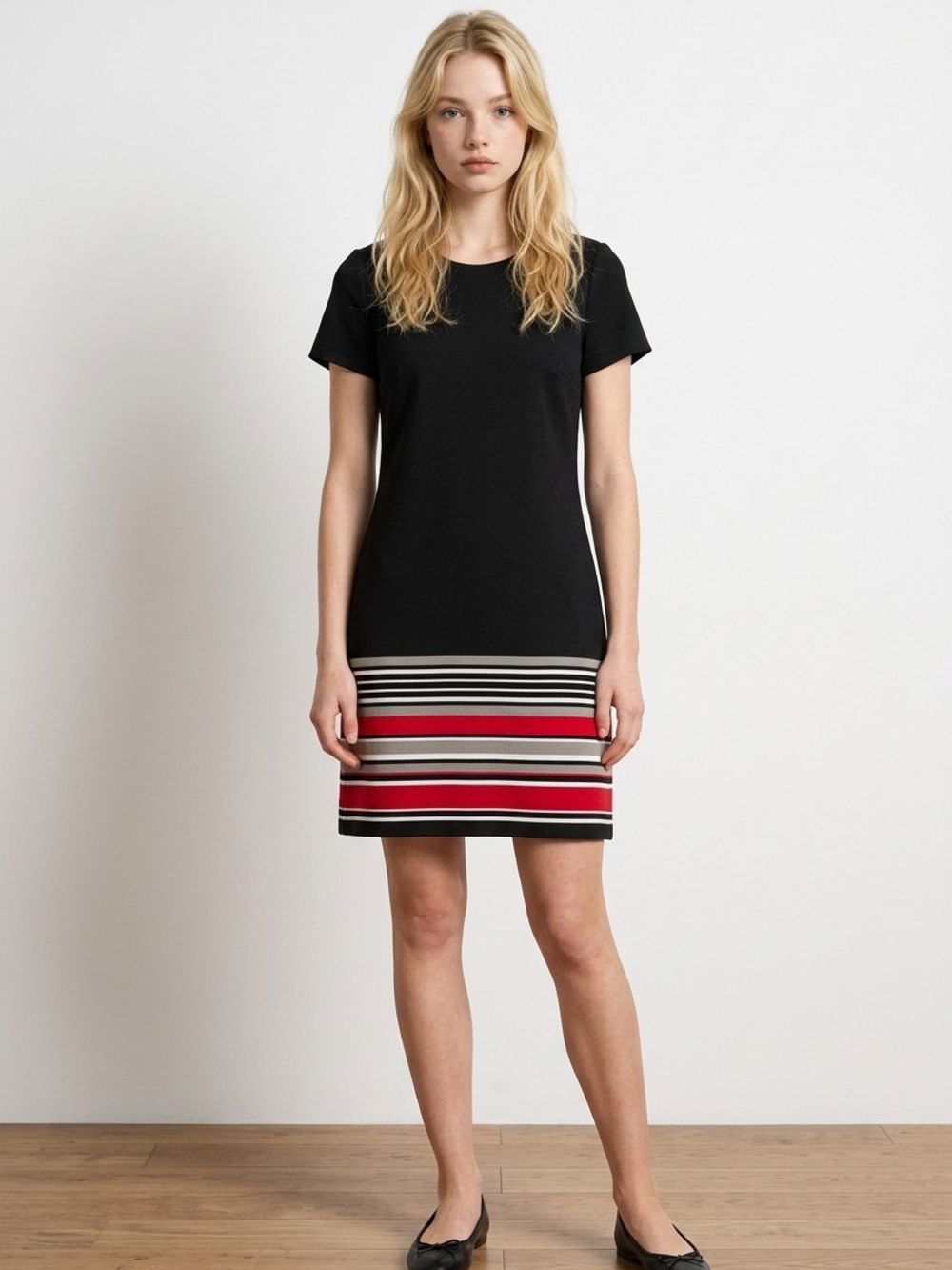 Black Shift Dress with Red & White Stripe Hem